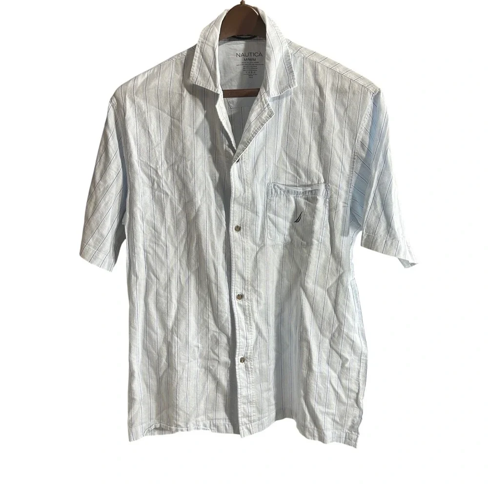 Nautica Mens Striped Short Sleeve Button Up Shirt M/M/M Light Blue Casual‎ Beach